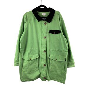 Joan Rivers Green Cotton Blend Oversized Jacket 2X With Black Corduroy Collar &